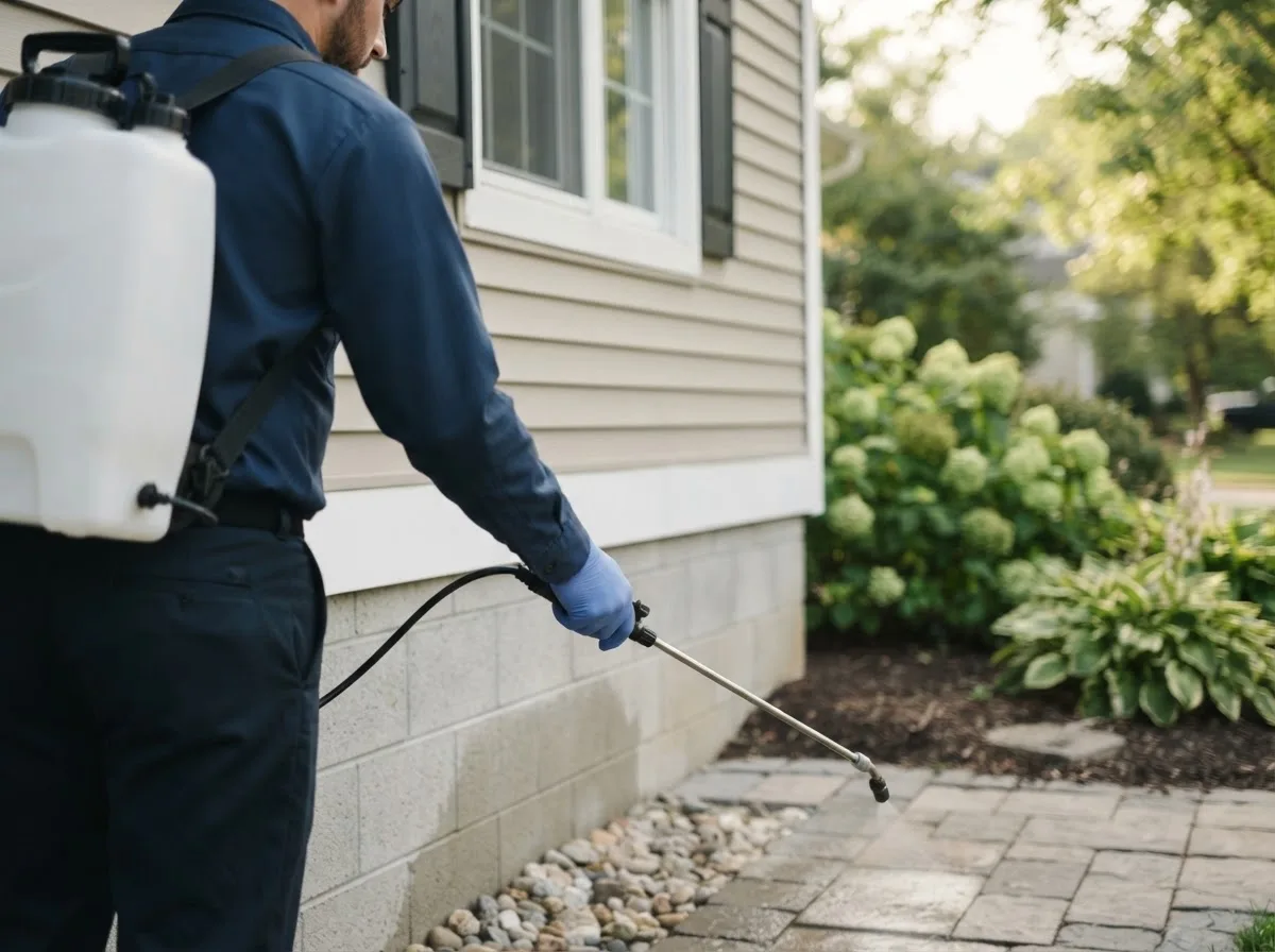Pest control technician inspecting a home in Burchard, NE